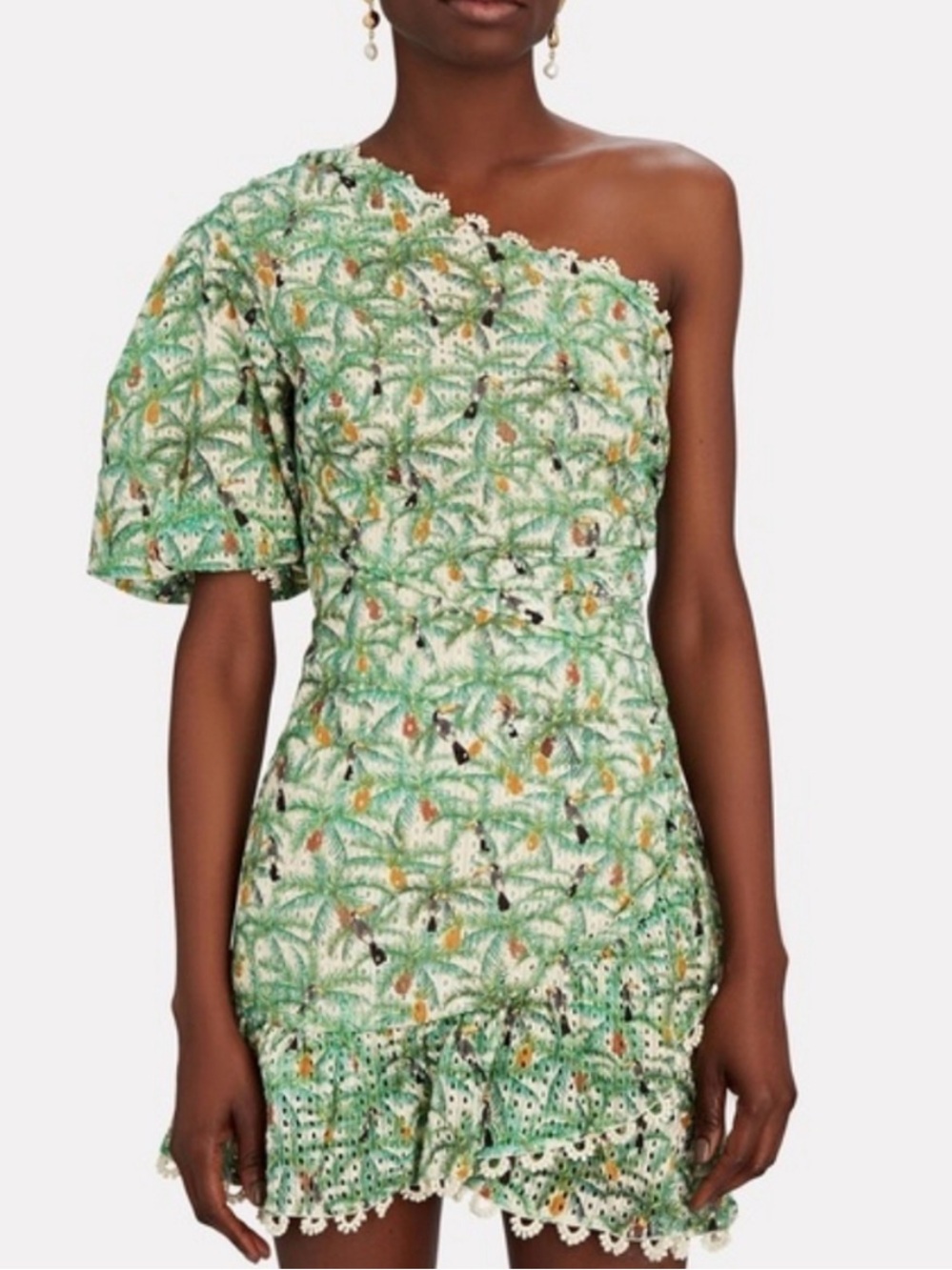 FARM Rio Green Toucans Floral One-Shoulder Mini Dress